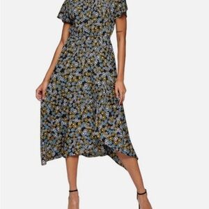 Floral Ruched Neck Midi Dress